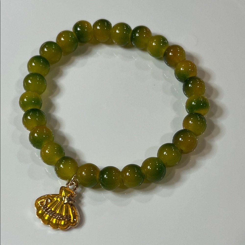 Boho Beach Green Yellow Beaded Bracelet Seashell Charm Stackable Jewelry